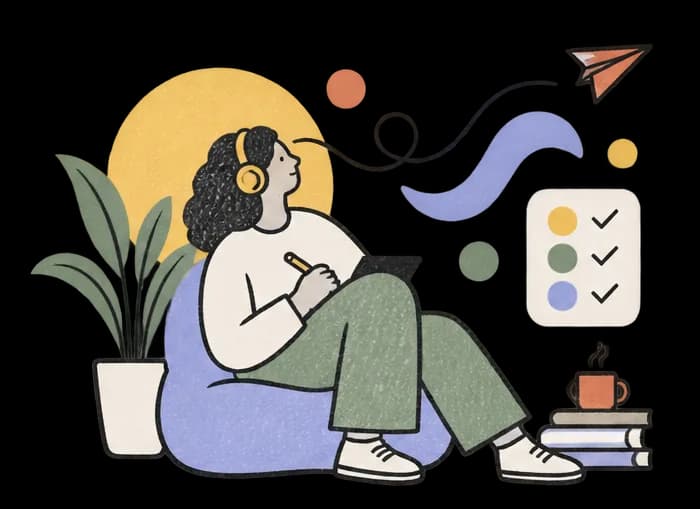 Illustration of a person journaling with headphones
